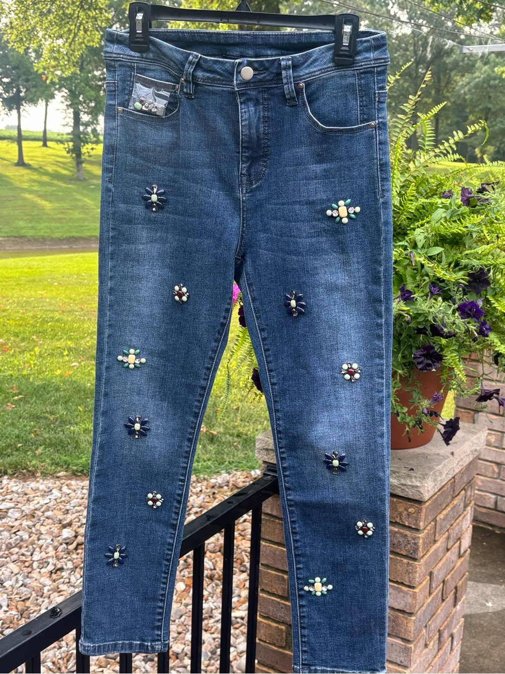 Frank Lyman Design Dark Blue Skinny Jeans with Multicolor Bead Flowers